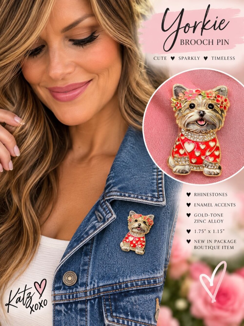 Yorkie Dog Brooch Pin Rhinestone Red Heart Sweater Yorkshire Terrier Jewelry